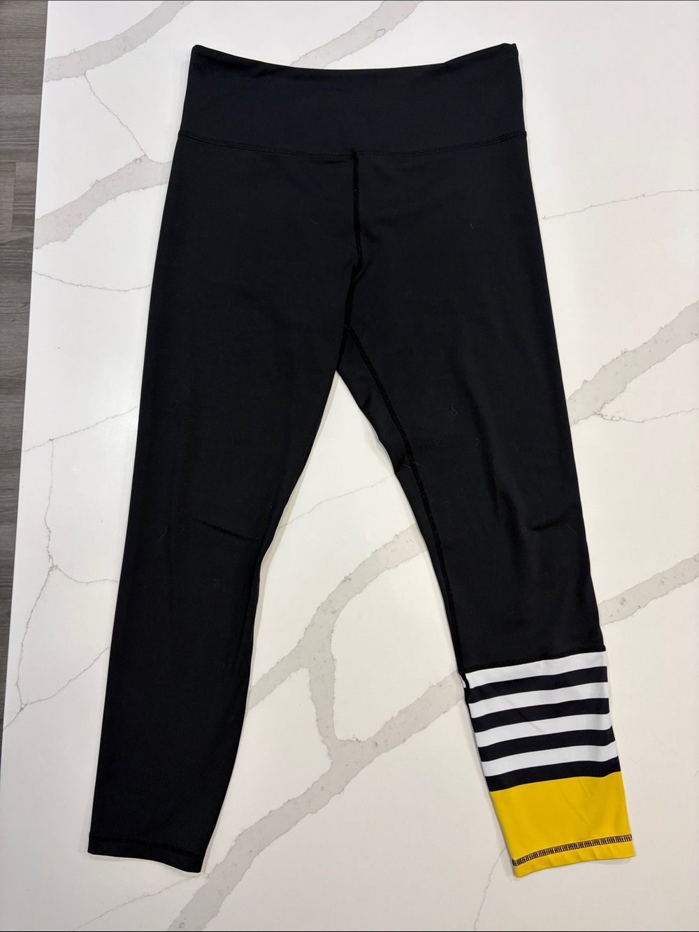 ZYIA Black Leggings with Black & White Stripes and Yellow Accent